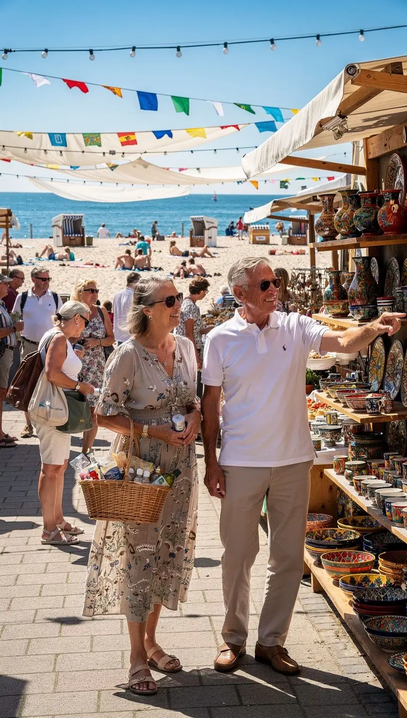 Familien, die an einem Picknicktisch am Strand entspannen und die frische Luft genießen.