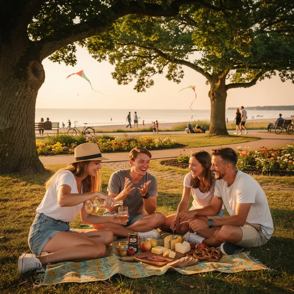 Ein malerischer Küstenblick mit sanften Wellen und einem klaren blauen Himmel.